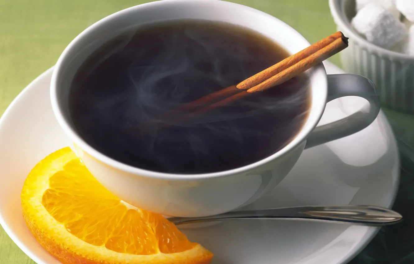 Фото обои чай, долька, чашка, блюдце, апельсина, корицаа