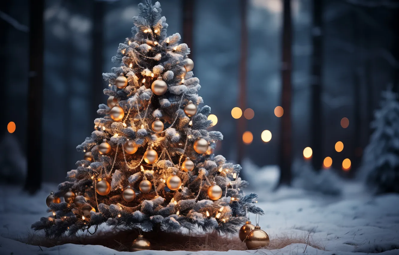 Фото обои зима, снег, ночь, елка, Рождество, Новый год, Christmas, night
