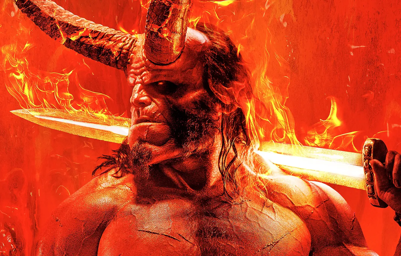 Фото обои красный, фон, фантастика, огонь, меч, рога, постер, Hellboy