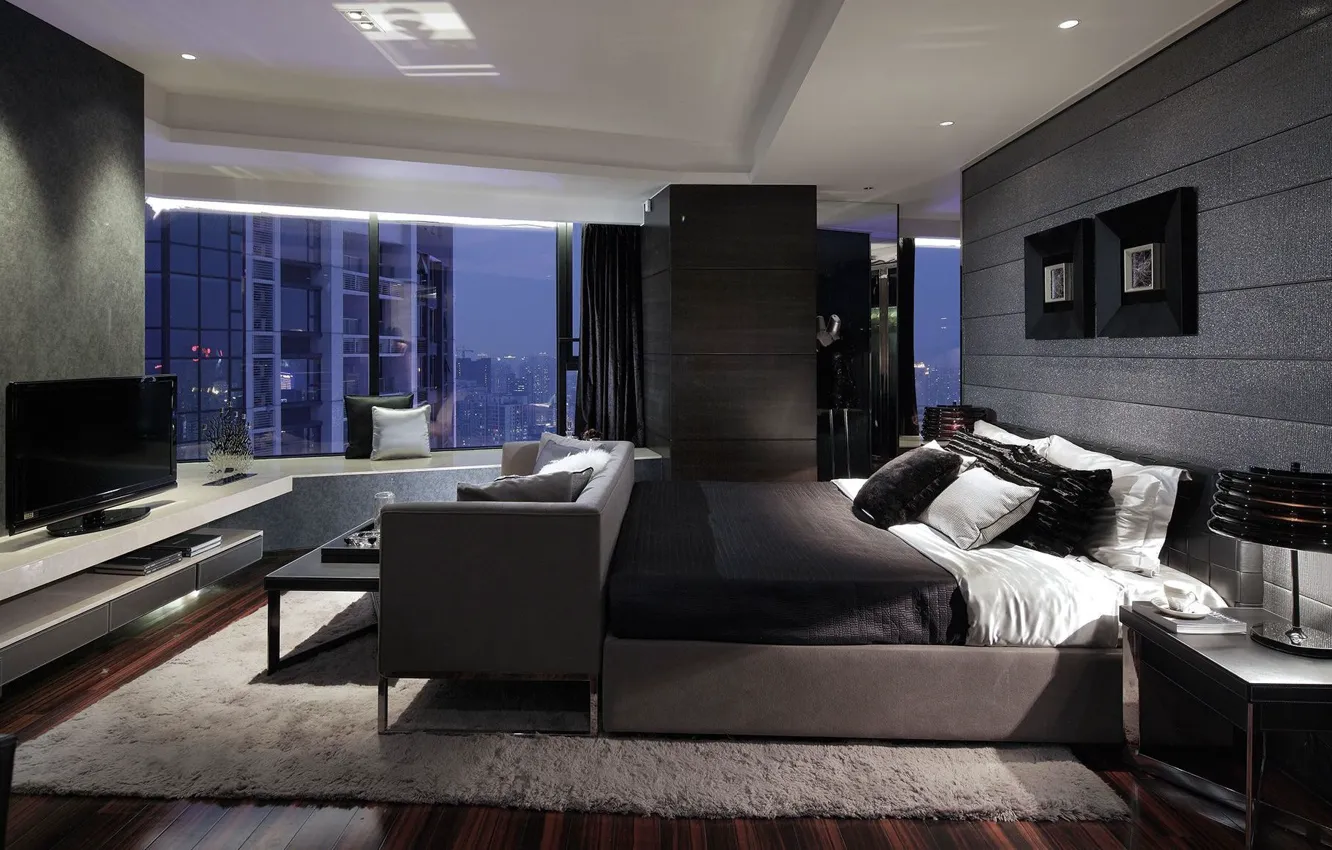 Фото обои интерьер, Man Bachelor Pad, Modern House, жилье современного холостяка, спальня, мини гостиная