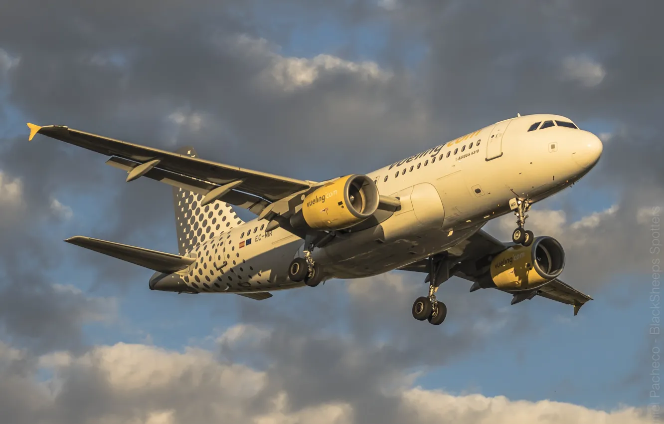 Фото обои небо, облака, фон, летит, пассажирский самолёт, Airbus a319-112