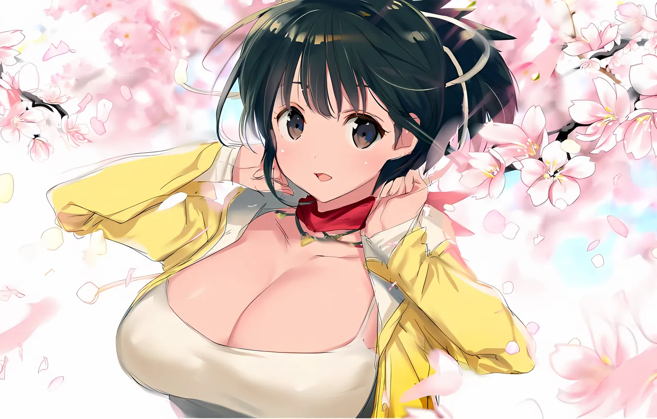 Фото обои girl, sexy, cleavage, brown eyes, boobs, anime, Asuka, flowers