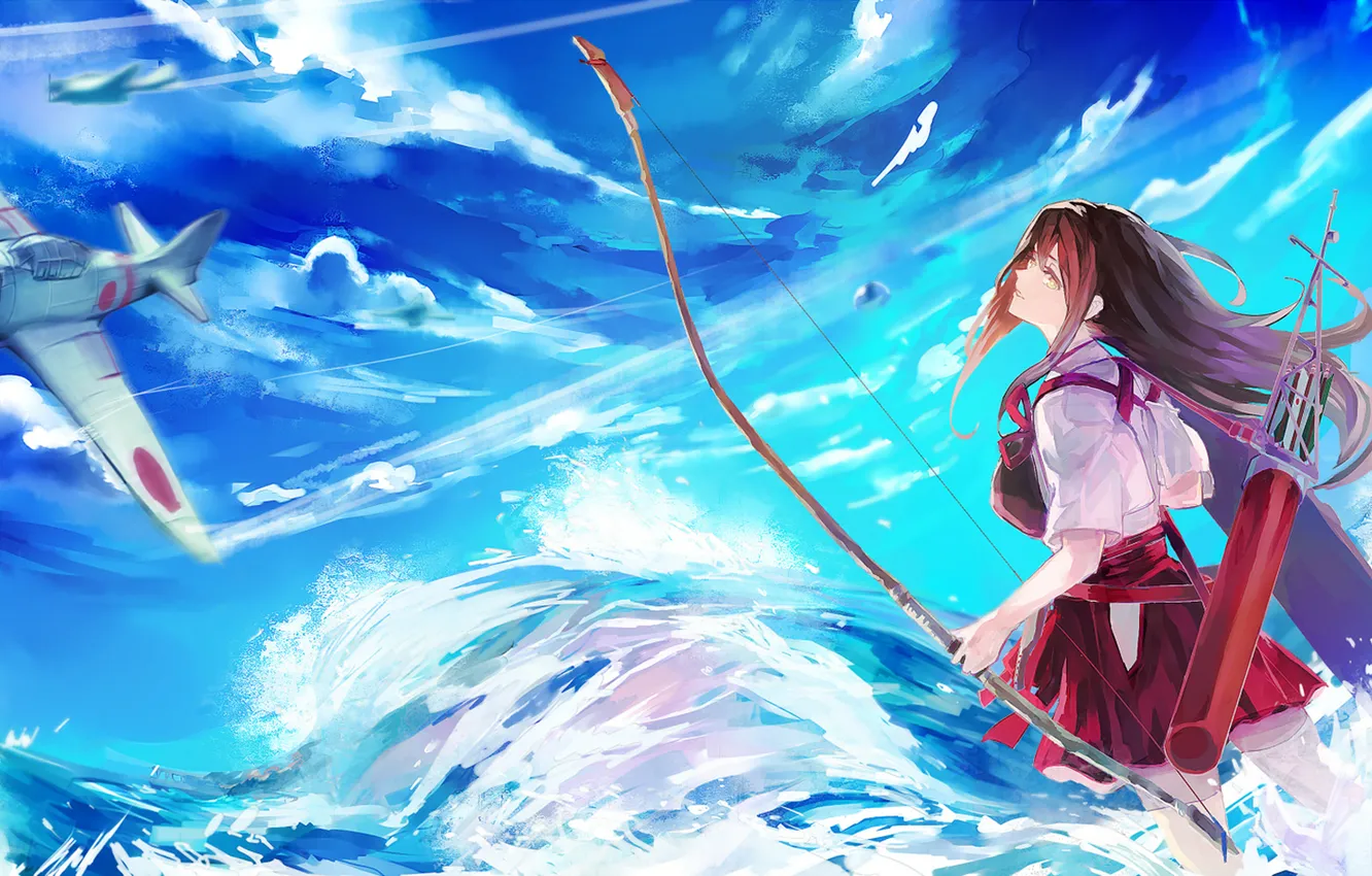 Фото обои небо, вода, Девушка, лук, самолеты, стрелы