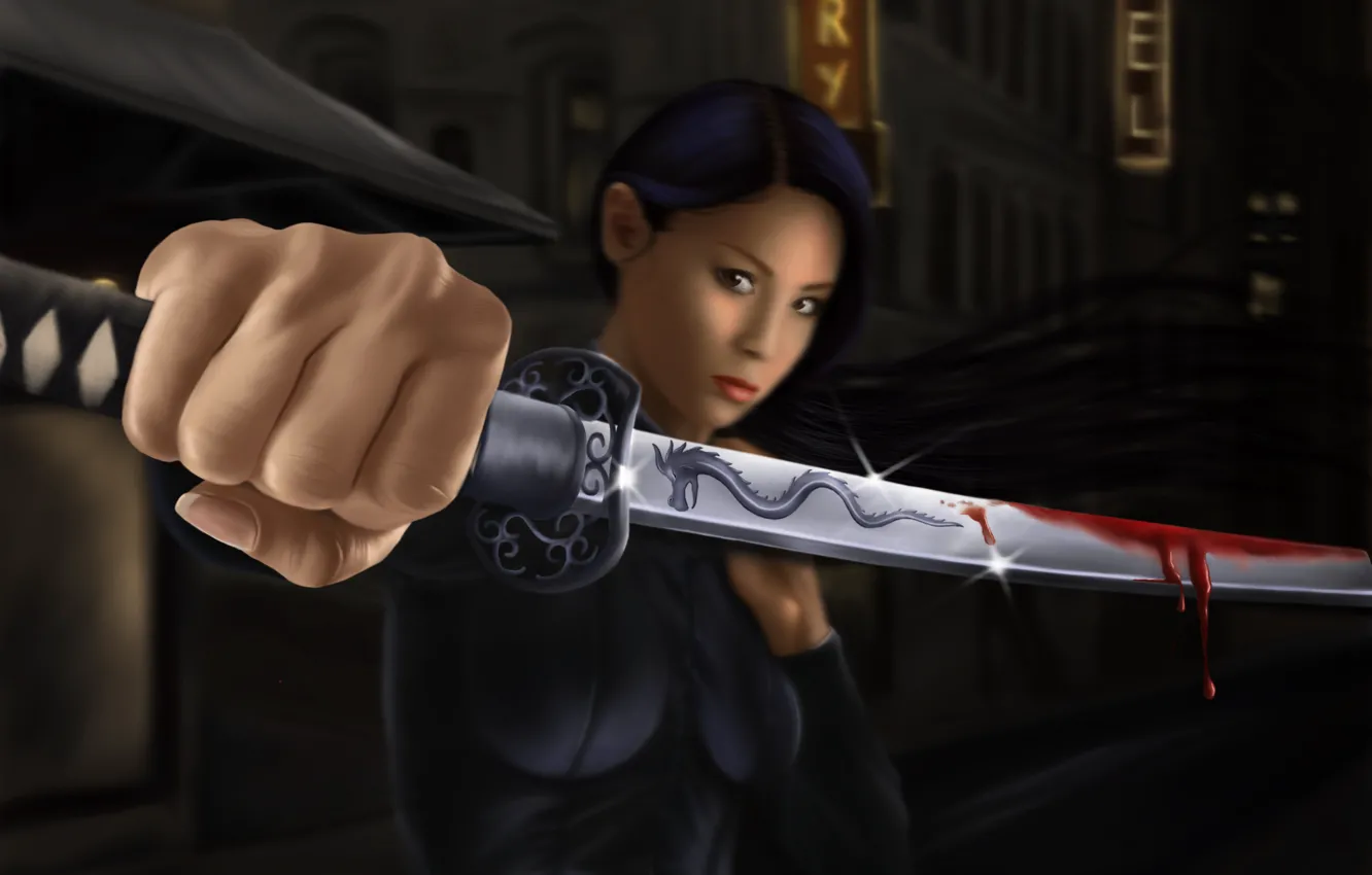 Фото обои девушка, кровь, волосы, меч, катана, арт, кулак