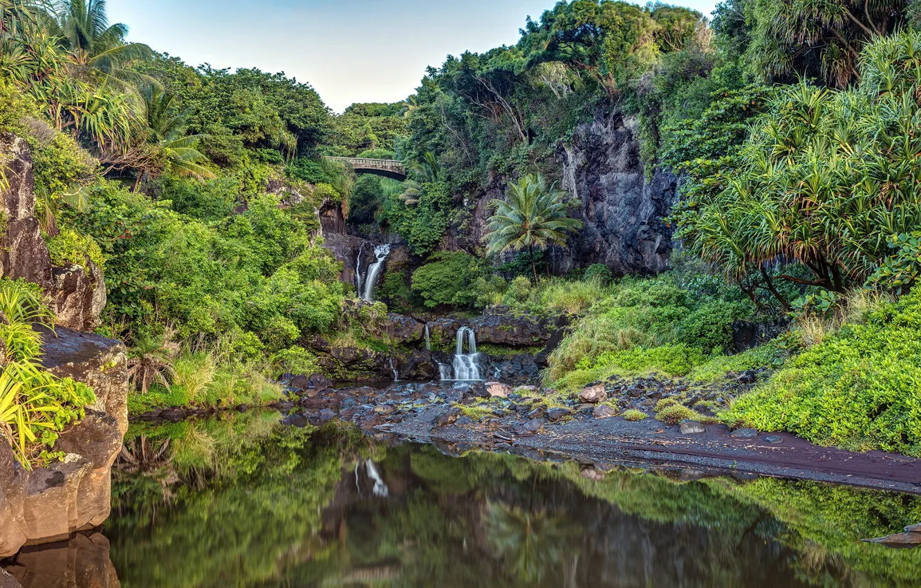 Фото обои камни, фото, скалы, водопад, Гаваи