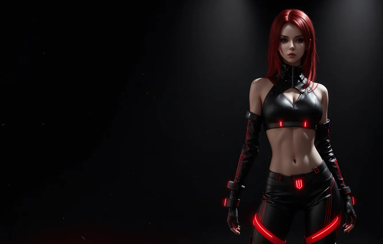 Фото обои girl, fantasy, red hair, art, cyberpunk, digital art, fantasy art, stand