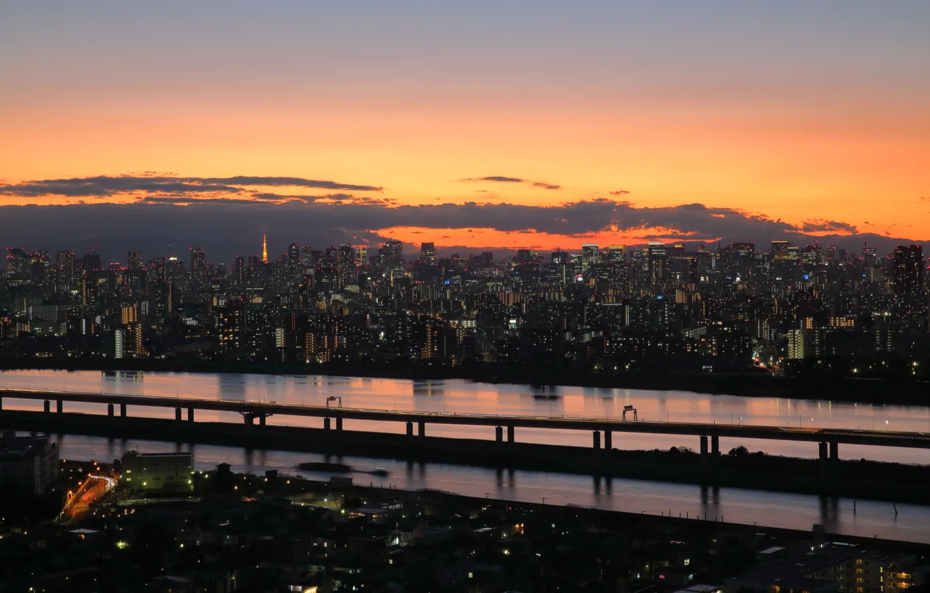 Фото обои Tokyo, Japan, twilight, sunset, clouds, dusk, buildings, reflections