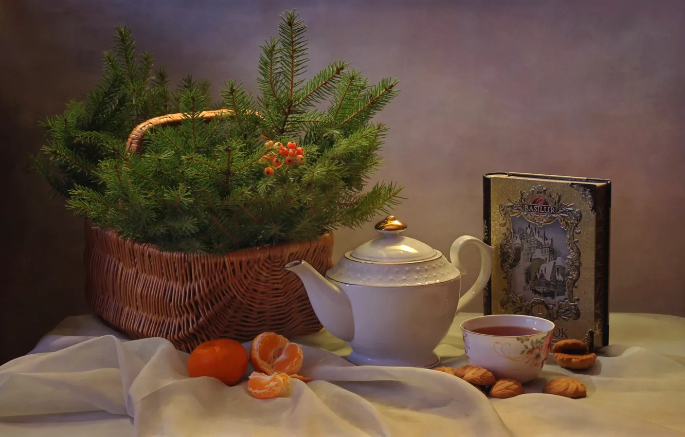 Фото обои настроение, чай, корзина, елка, печенье, мандарины