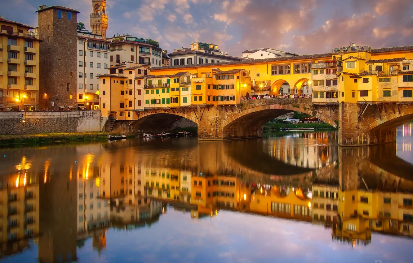 Фото обои мост, отражение, река, здания, дома, Италия, Флоренция, Italy