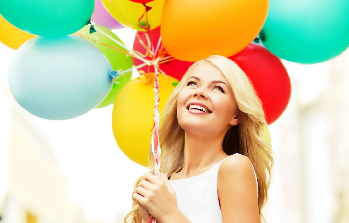 Фото обои шарики, радость, счастье, воздушные шары, girl, happy, woman, smile