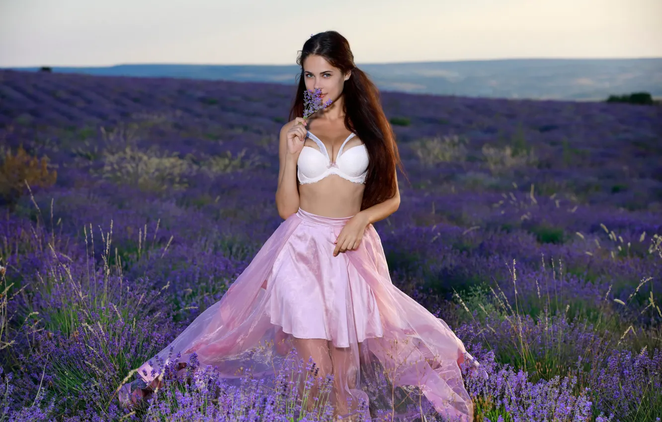Фото обои cleavage, long hair, hot girl, field, nature, boobs, model, purple flowers