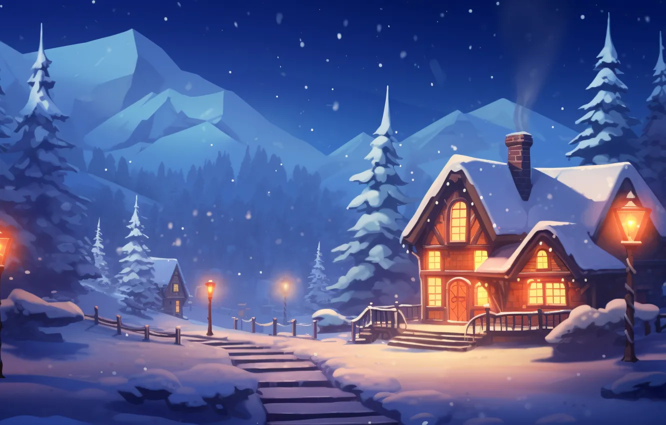 Фото обои зима, снег, дом, праздник, графика, Рождество, хижины, Новый год