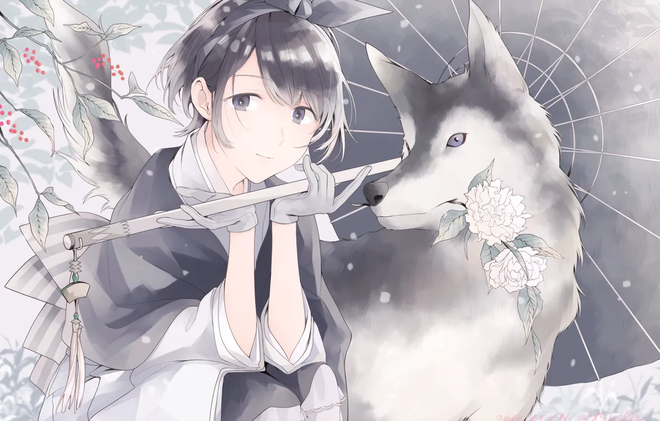 Фото обои девушка, цветы, волк, зонт
