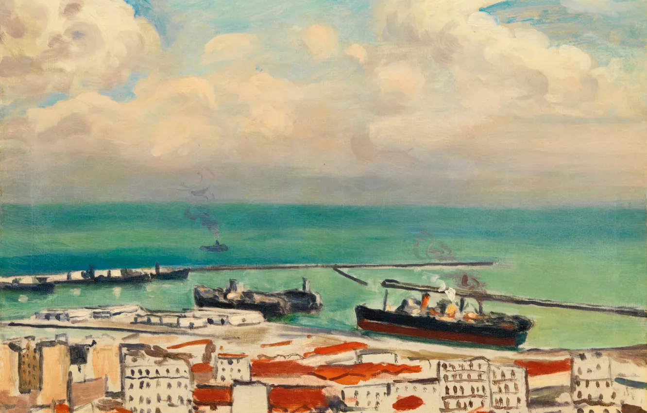 Фото обои море, корабль, дома, картина, гавань, городской пейзаж, Albert Marquet, Альбер Марке
