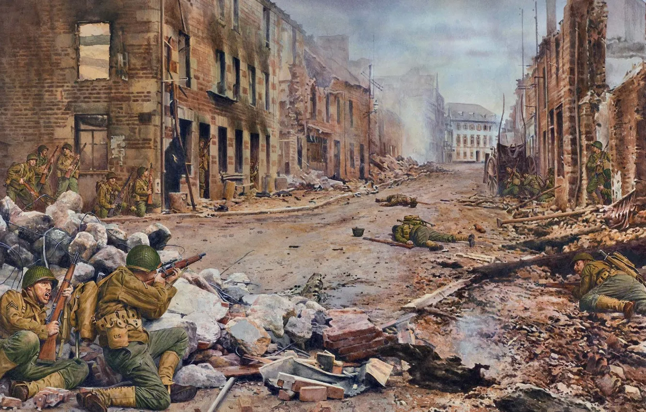 Фото обои война, улица, дым, рисунок, Франция, арт, солдаты, развалины