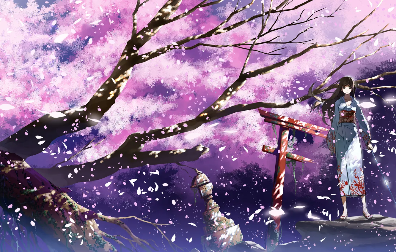 Фото обои девушка, меч, катана, лепестки, сакура, кимоно, врата