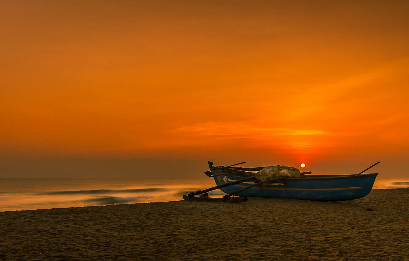 Фото обои море, закат, берег, лодка, Шри-Ланка, Баттикалоа