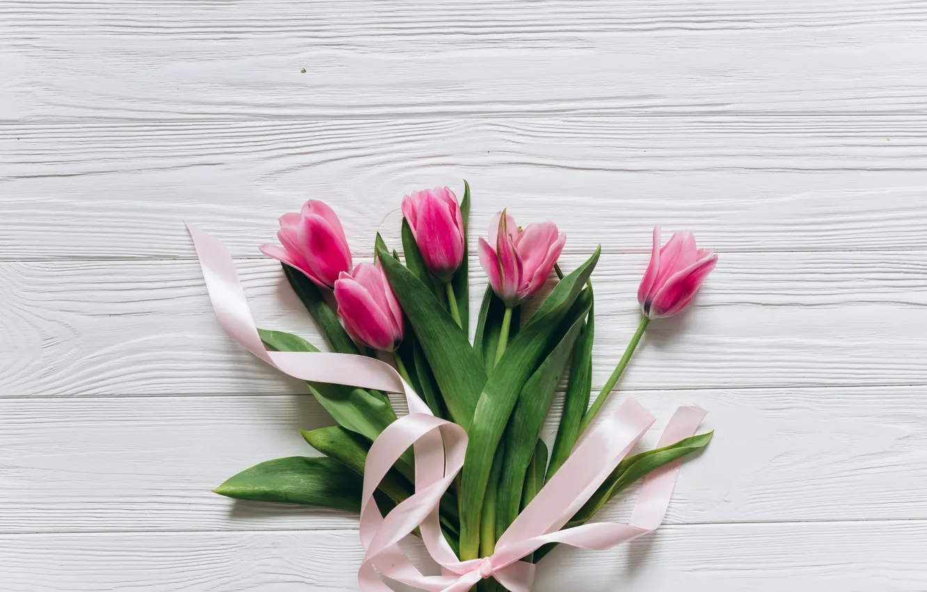 Фото обои цветы, букет, лента, тюльпаны, love, розовые, fresh, wood