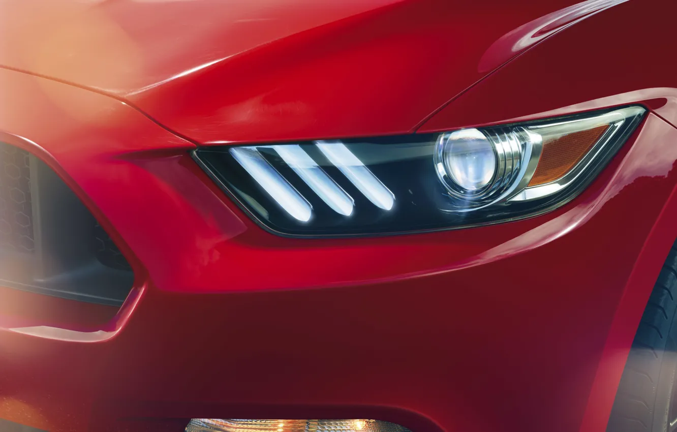 Фото обои красный, Mustang, Ford, фара, мустанг, перед, red, мускул кар