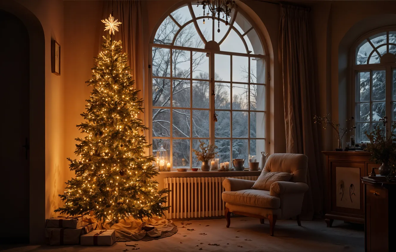 Фото обои комната, елка, интерьер, Рождество, Новый год, Christmas, view, tree