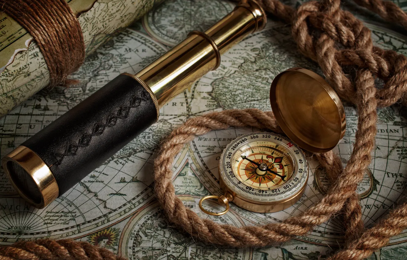 Фото обои карта, канат, компас, подзорная труба, compass, telescope, old maps, nautical navigation tools