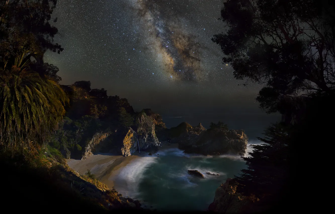 Фото обои море, пляж, звезды, ночь, берег, Млечный путь