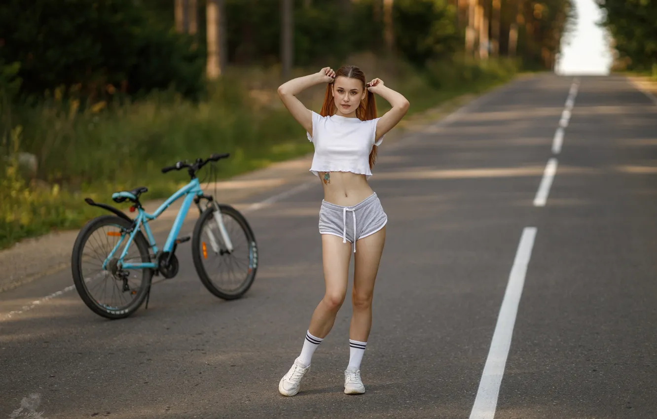 Фото обои bicycle, road, shorts, trees, nature, model, tattoo, women