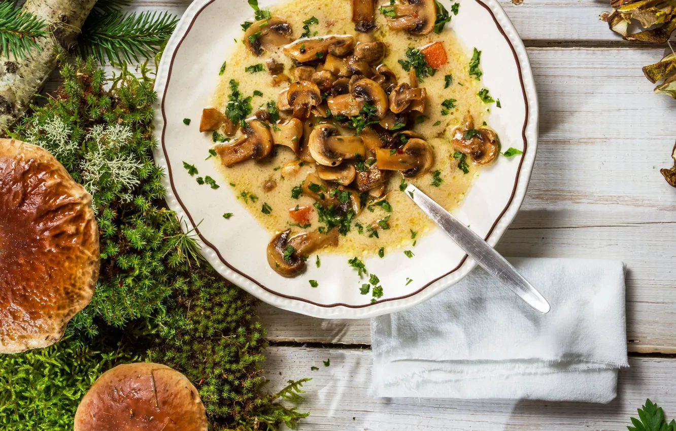 Фото обои зелень, грибы, мох, тарелка, суп, mushrooms, soup
