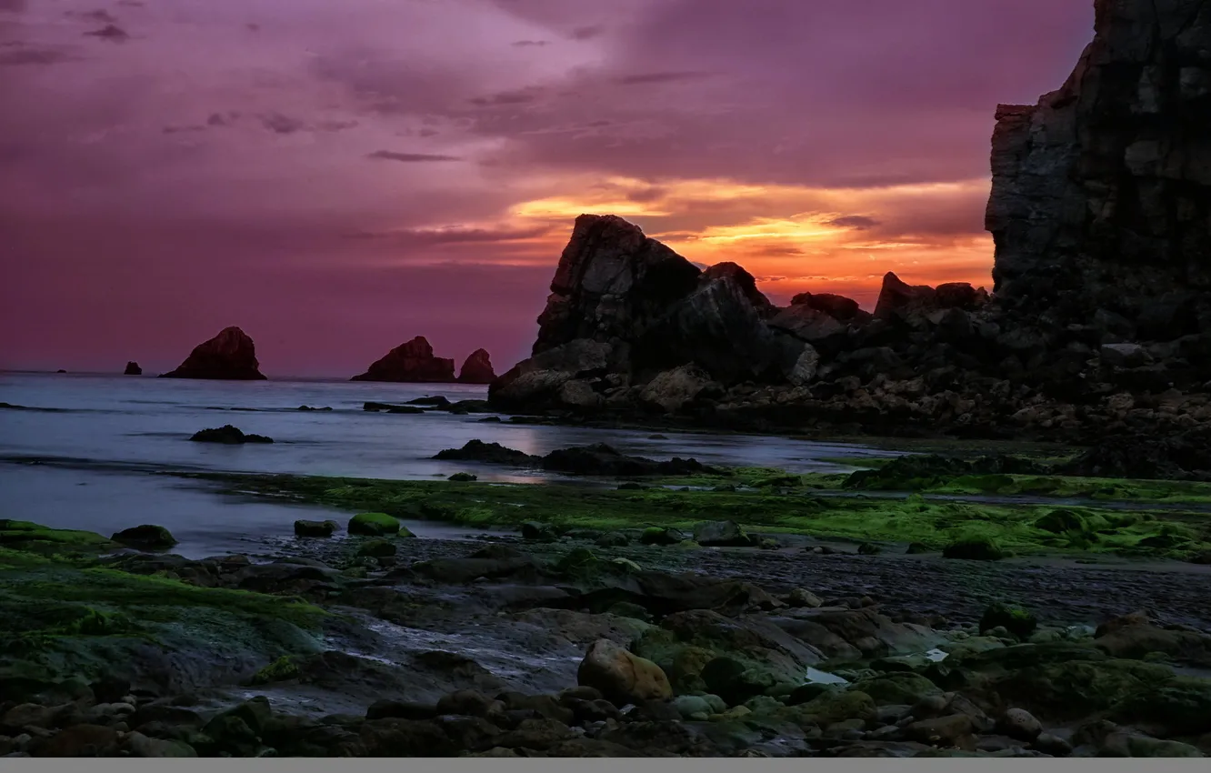 Фото обои море, пейзаж, закат, скалы, Playa de Portio