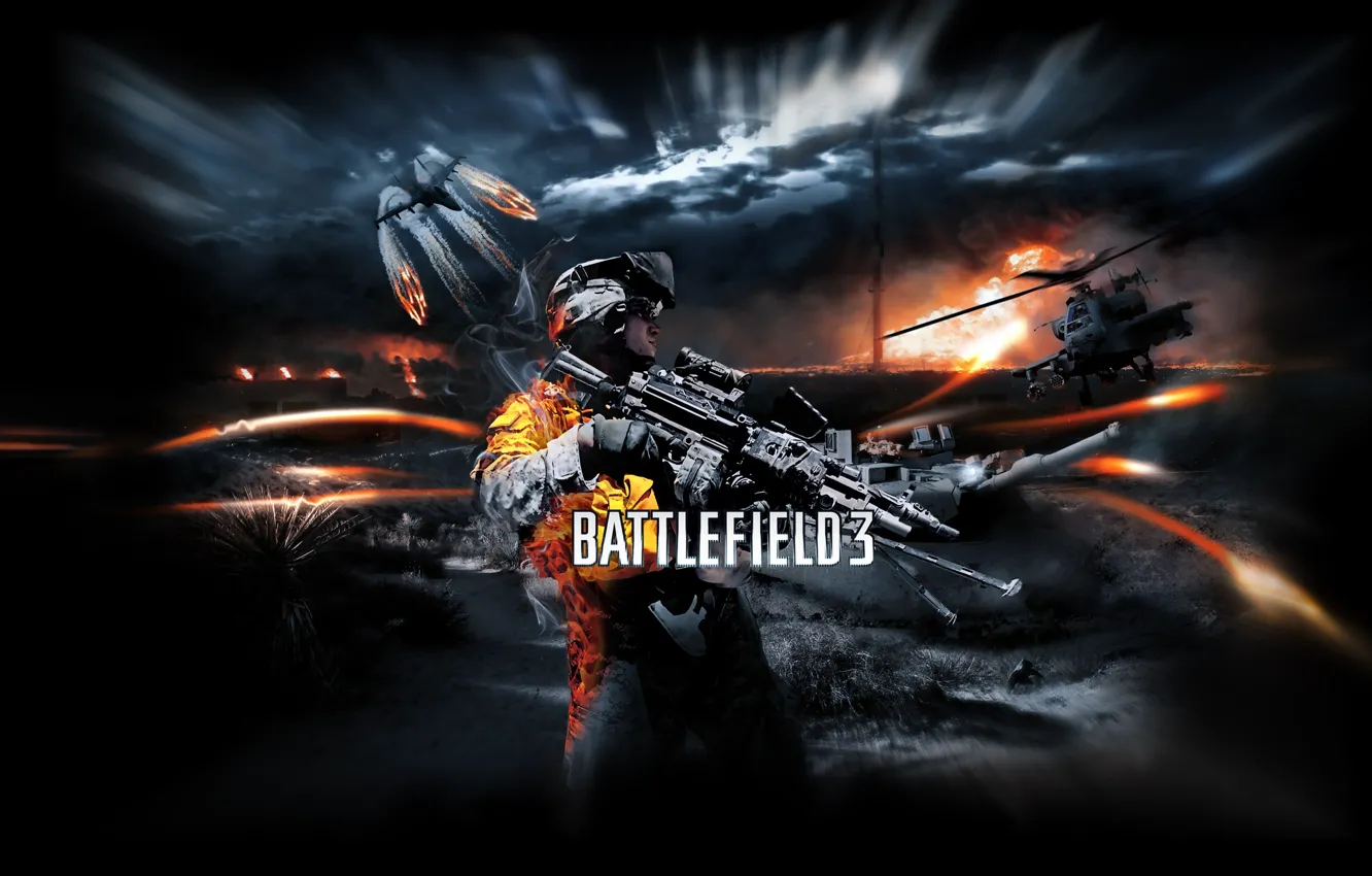 Фото обои ночь, война, солдат, вертолет, танк, Battlefield 3