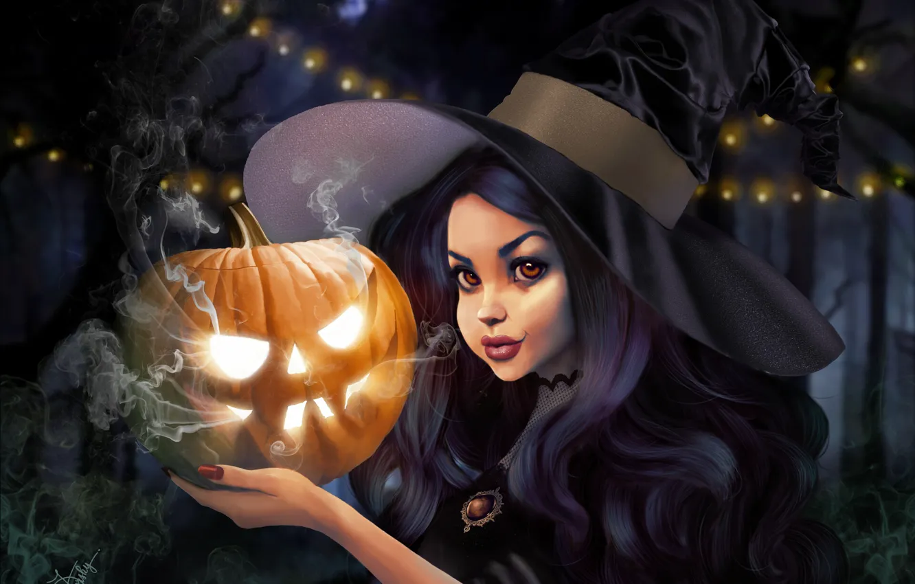 Фото обои осень, взгляд, девушка, свет, фонарь, Halloween, тыква, ведьма