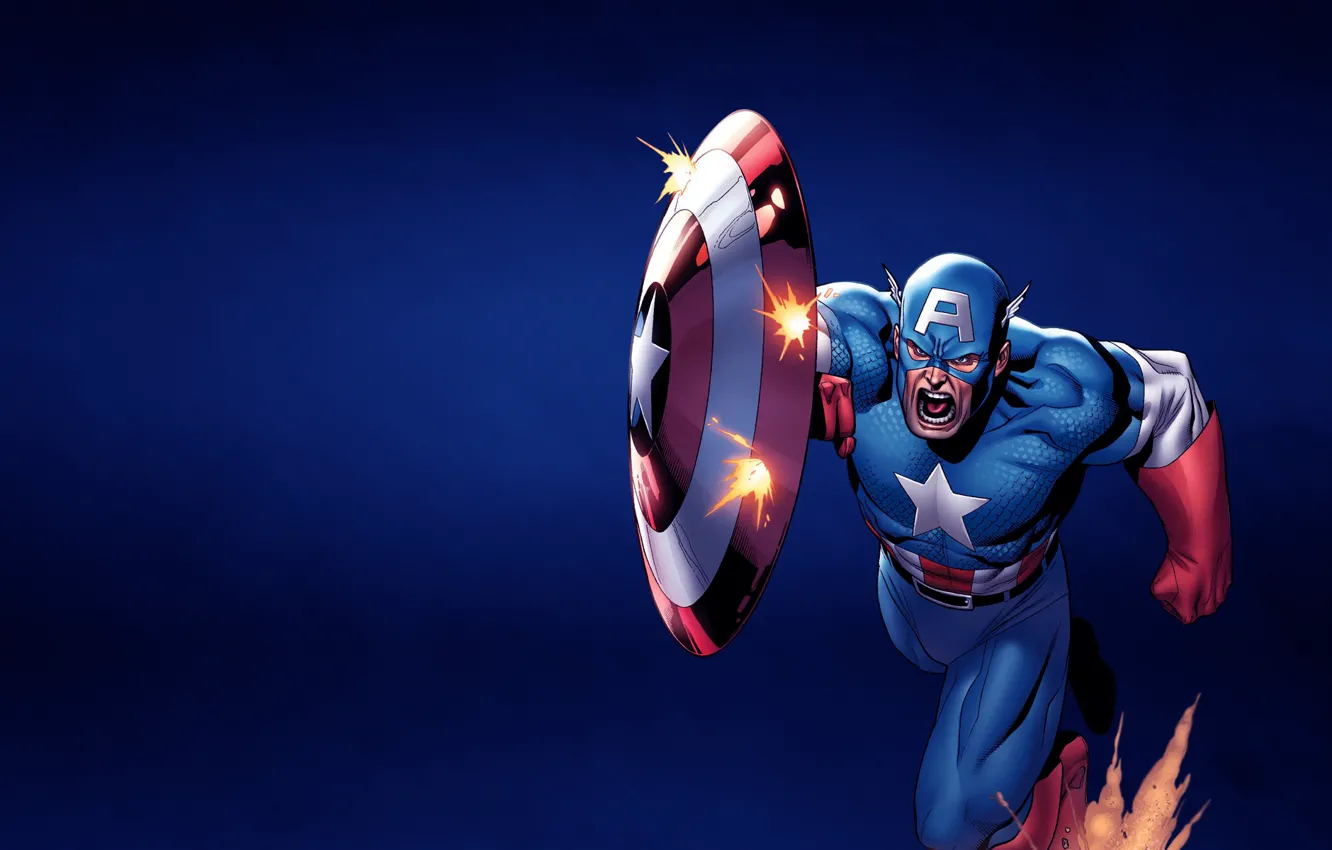 Фото обои бег, щит, крик, выстрелы, Капитан Америка, Captain America, Marvel Comics