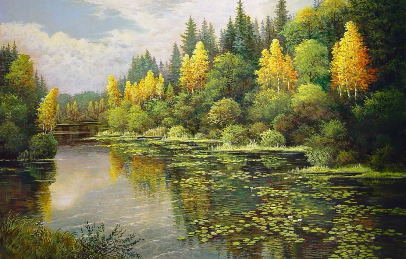 Фото обои озеро, живопись, лотосы, Landscape, смешанный лес, Mark Kalpin, начало осени, желтые березы