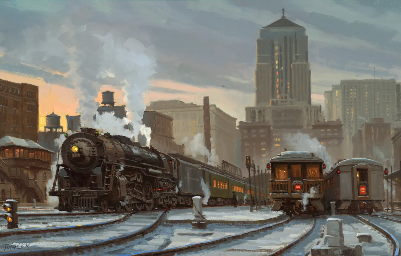 Фото обои city, art, station, train, locomotive, painting art