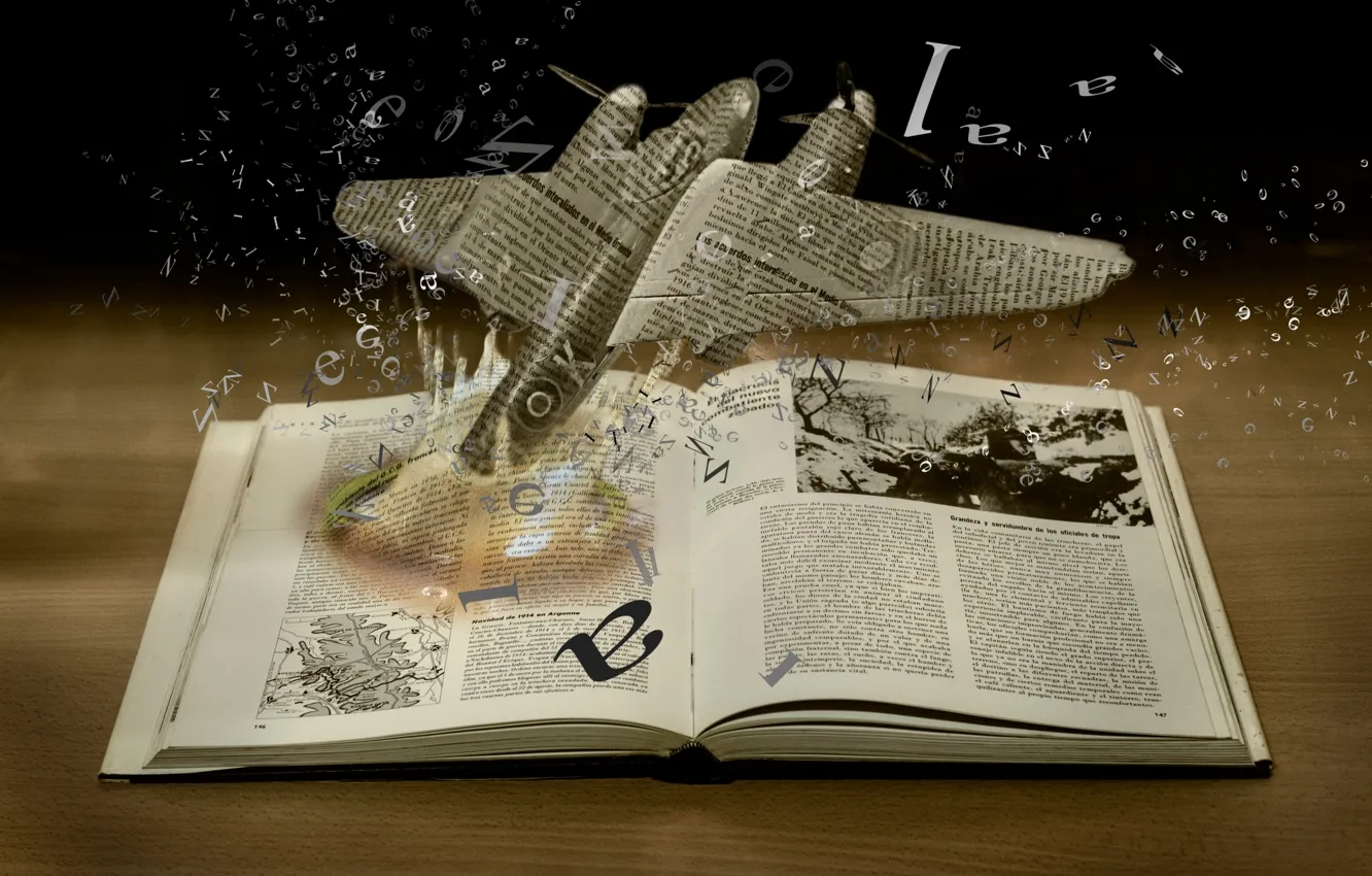 Фото обои взрыв, бумага, книга, самолёт