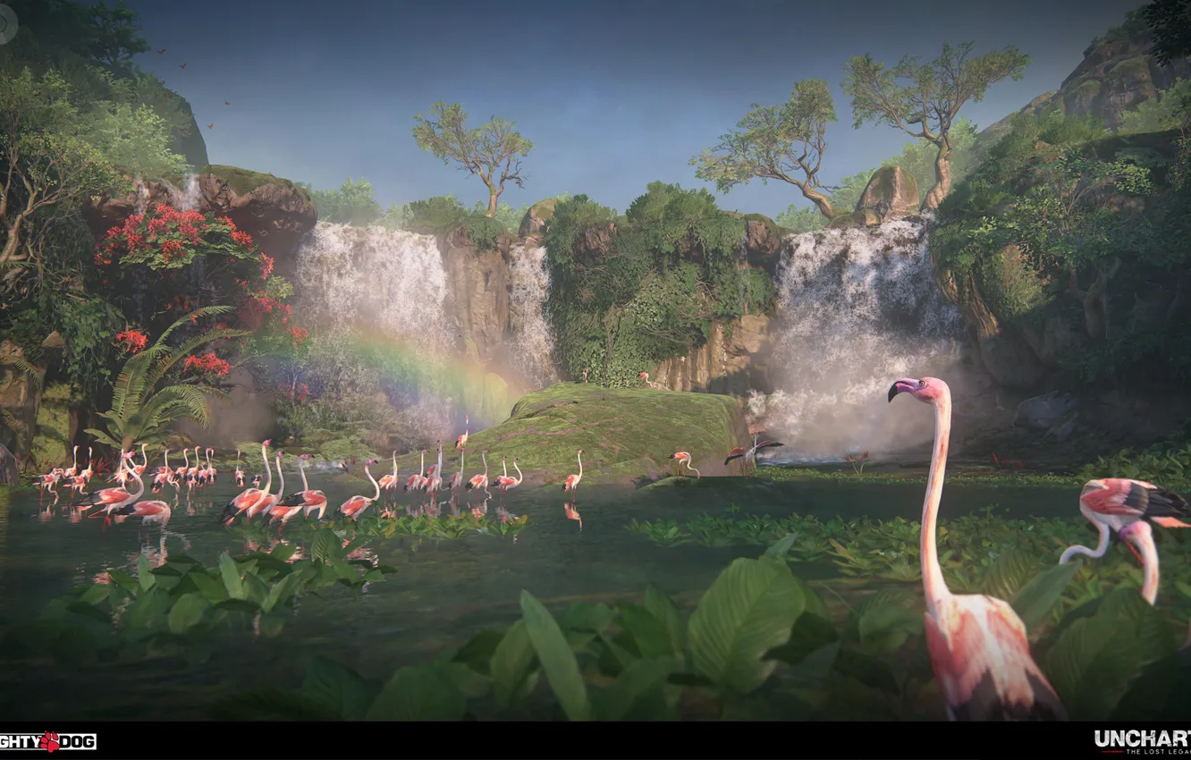 Фото обои растительность, водопад, фламинго, Uncharted The Lost Legacy, Intro to Western Ghats