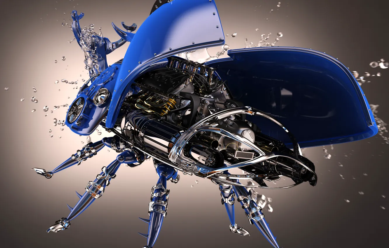 Фото обои капли, синий, металл, цвет, крылья, жук, мотор, 3Ds