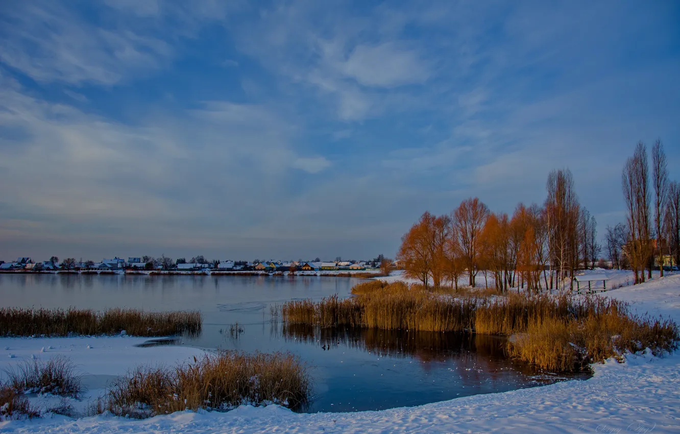 Фото обои зима, природа, озеро, рассвет