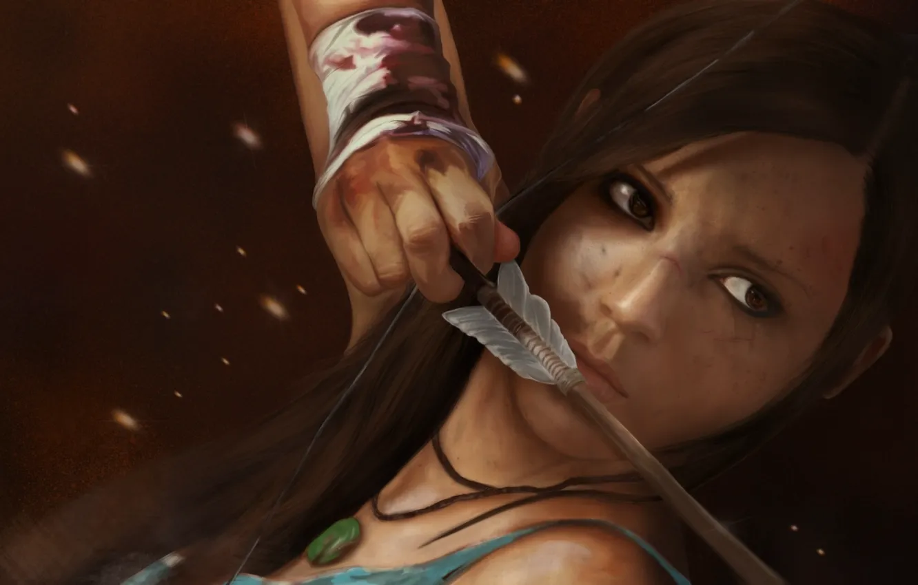 Фото обои девушка, кровь, лук, арт, стрела, бинты, рана, Lara Croft