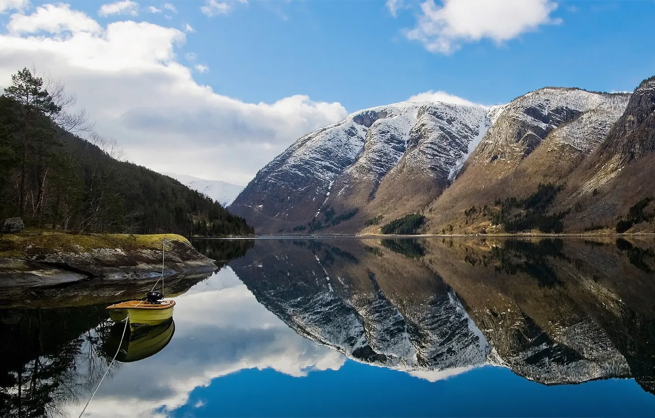Фото обои горы, озеро, отражение, лодка, Природа