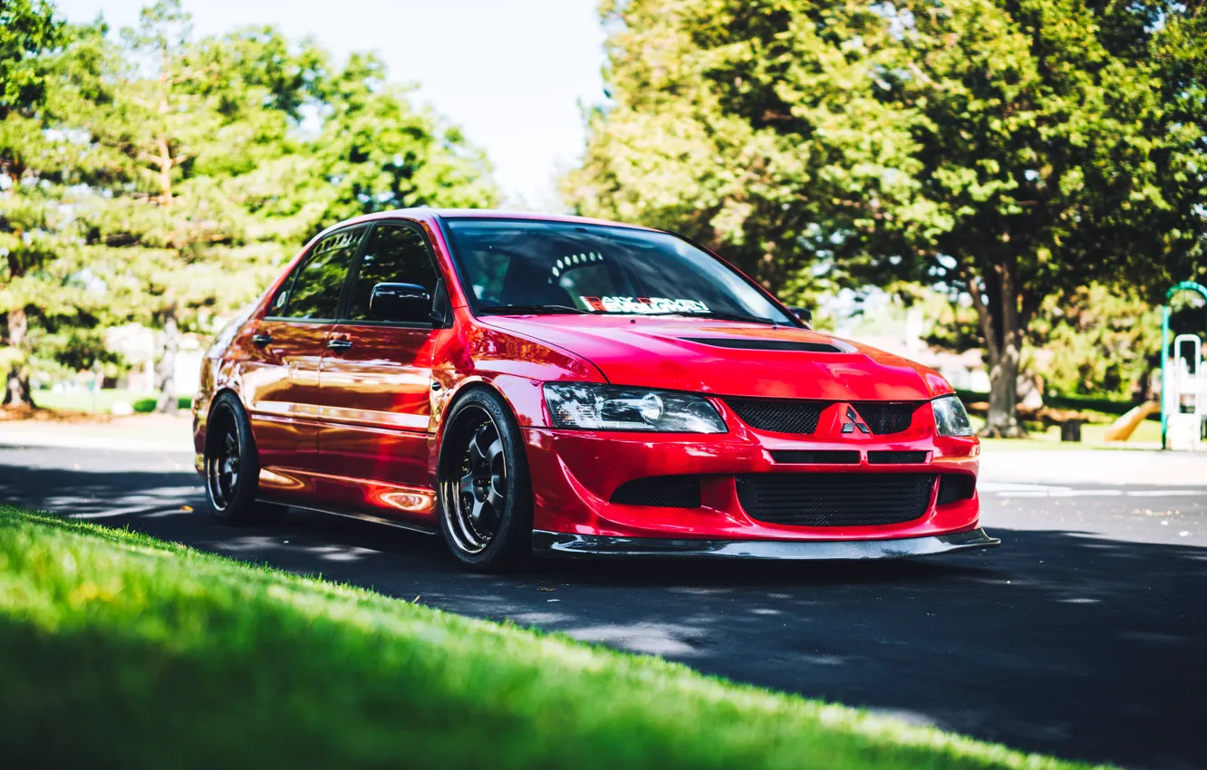 Фото обои Mitsubishi, Lancer, Red, Evolution, Evo, Road, Stance, Lancer Evolution 8