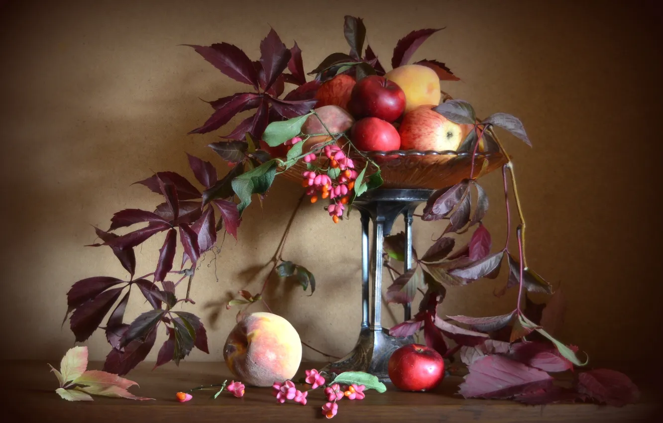 Фото обои осень, листья, яблоки, натюрморт, персики