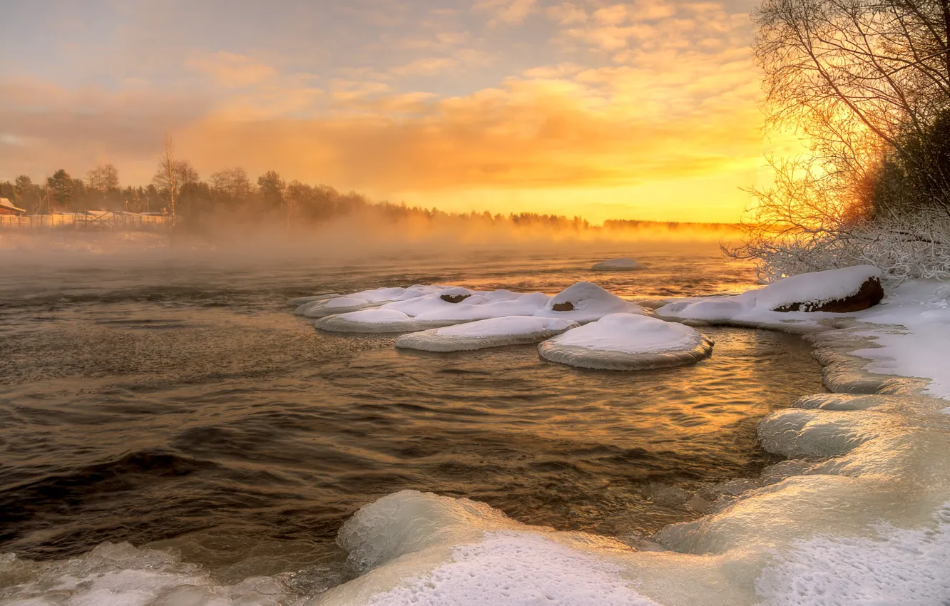 Фото обои зима, вода, снег, деревья, пейзаж, природа, озеро, лёд