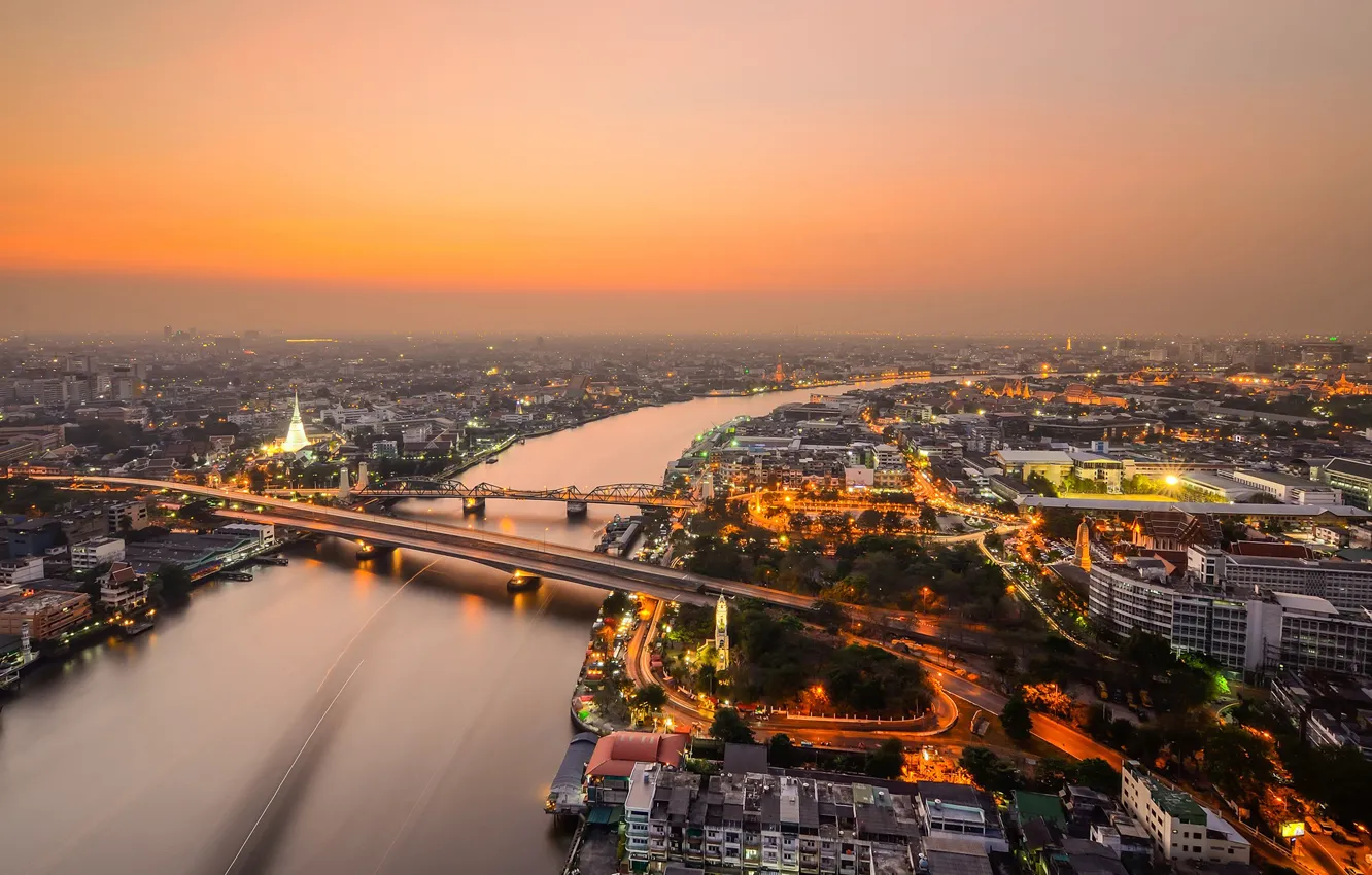 Фото обои мост, город, река, вид, вечер, панорама, Таиланд, Бангкок