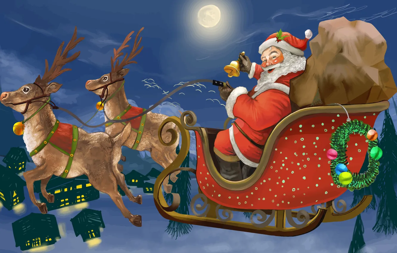 Фото обои Зима, Ночь, Луна, Рождество, Новый год, Санта Клаус, Олени, Колокольчик