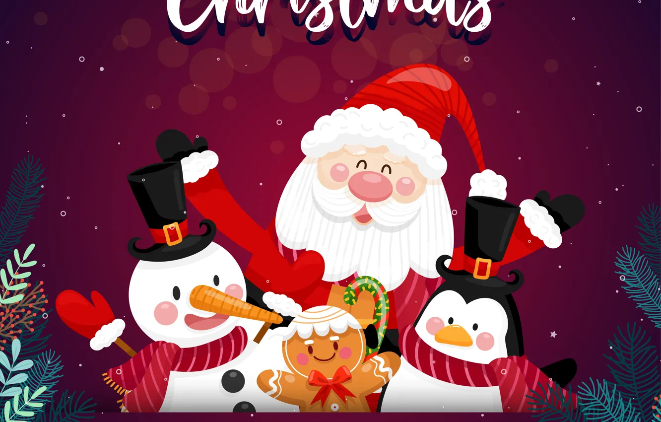 Фото обои Улыбка, Рождество, Новый год, Санта Клаус, Merry Christmas, Пингвин, Пряник, Снеговик