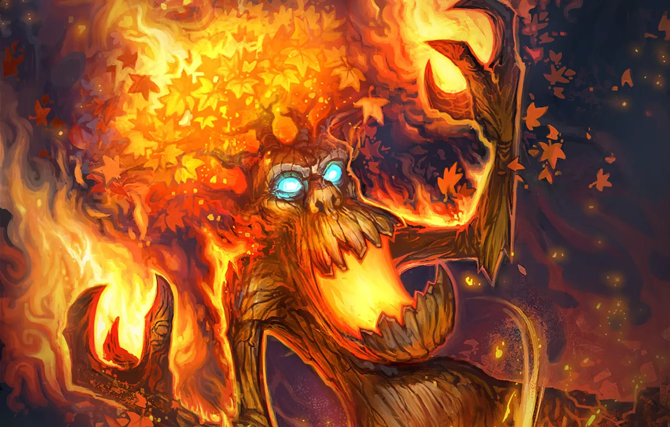 Фото обои дерево, огонь, карта, существо, арт, WoW, World of Warcraft, Hearthstone