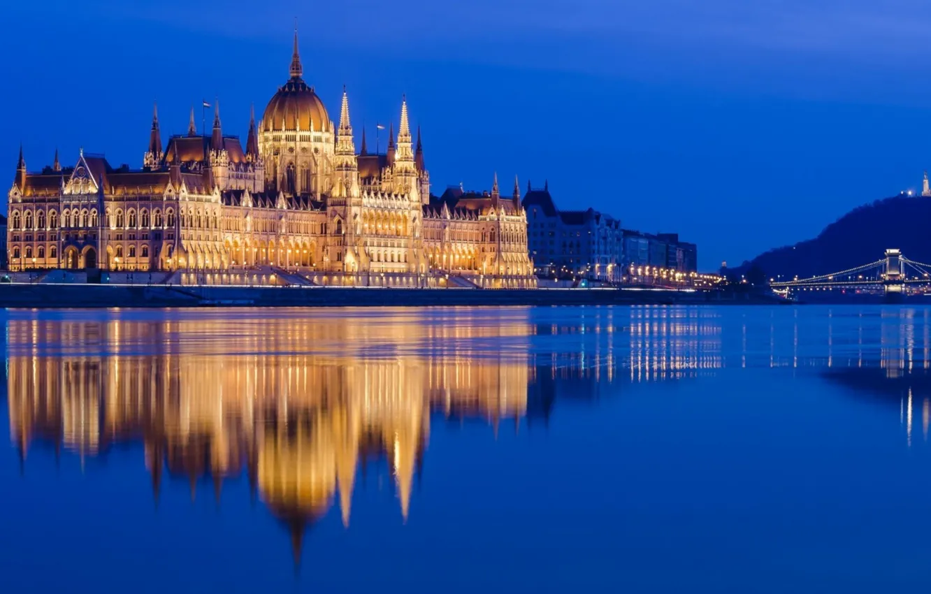 Фото обои отражение, Парламент, Венгрия, Будапешт, Дунай, Цепной мост