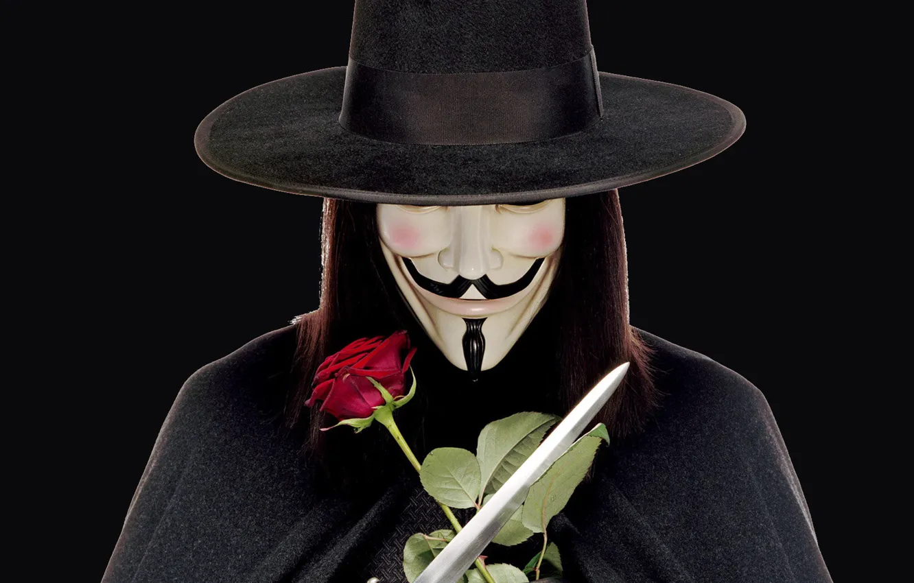 Фото обои оружие, роза, шляпа, маска, парик, клинки, V For Vendetta