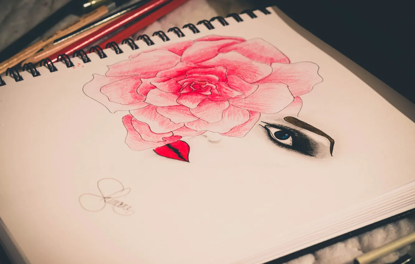Фото обои цветок, глаза, девушка, женщина, роза, человек, портрет, губы